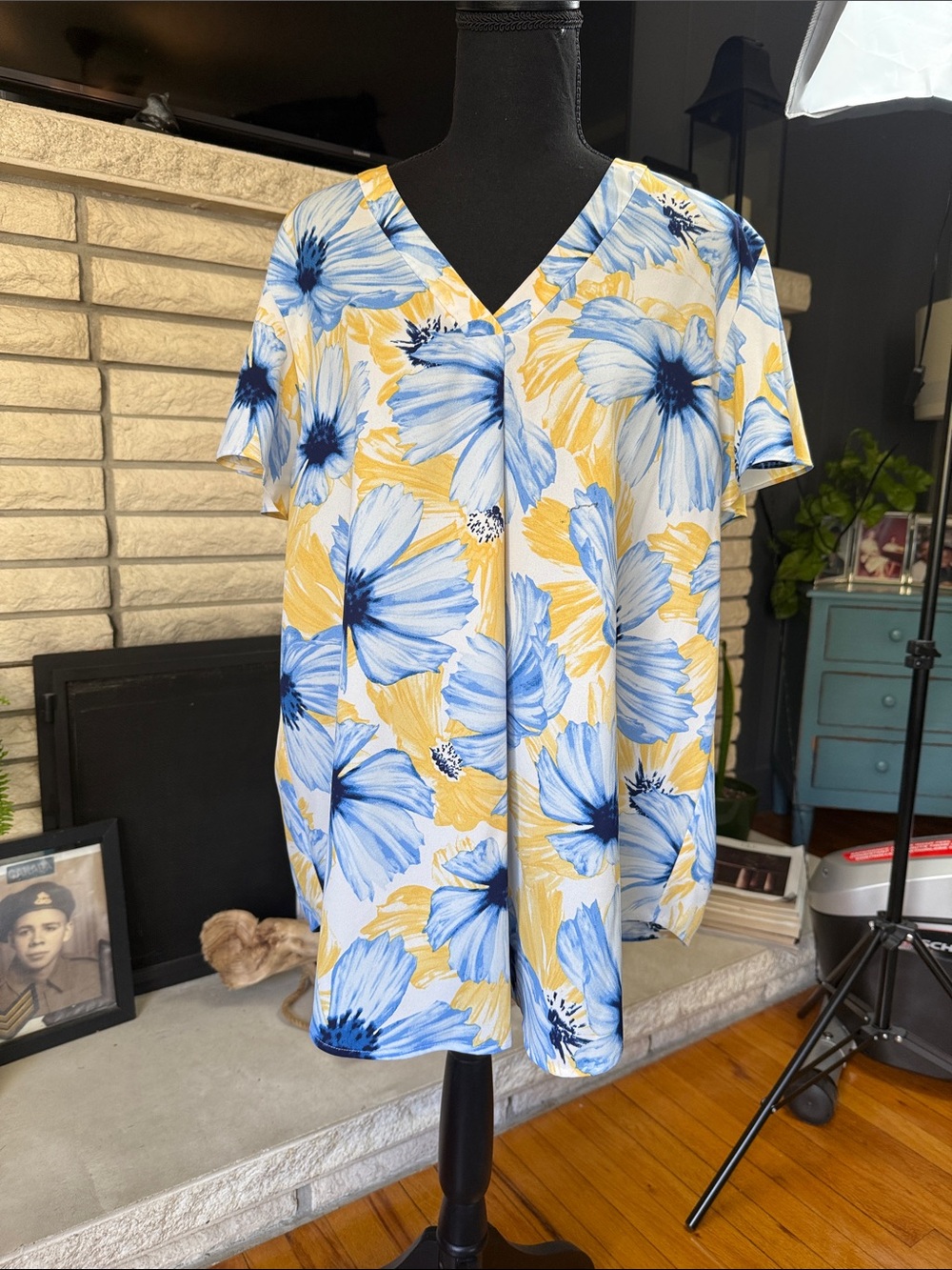 Anne Klein Blue and Yellow Floral V-Neck Tunic